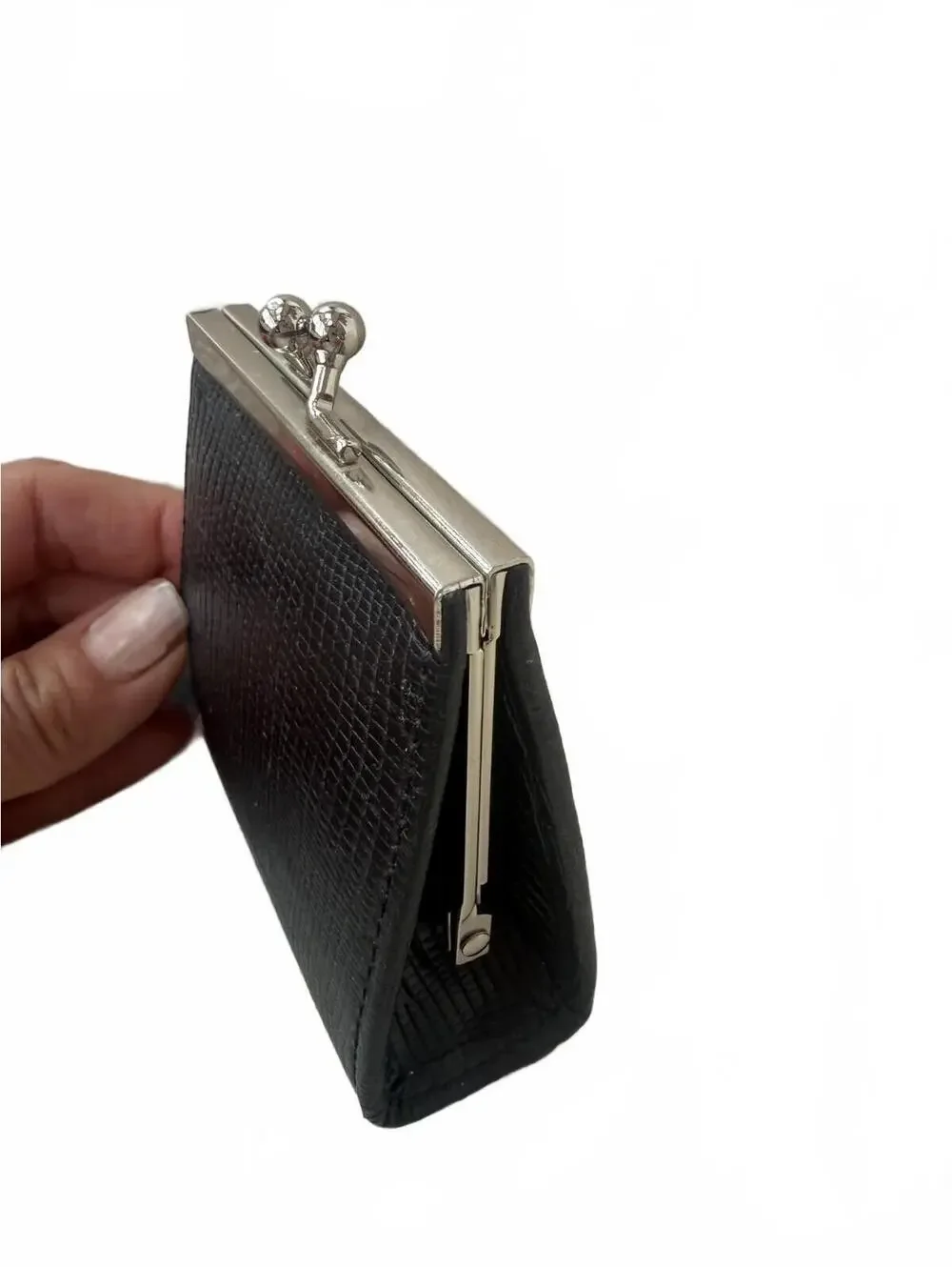 VINTAGE LAURA BIAGIOTTI BLACK LEATHER COIN PURSE LIZARD EMBOSSED KISS LOCK ITALY